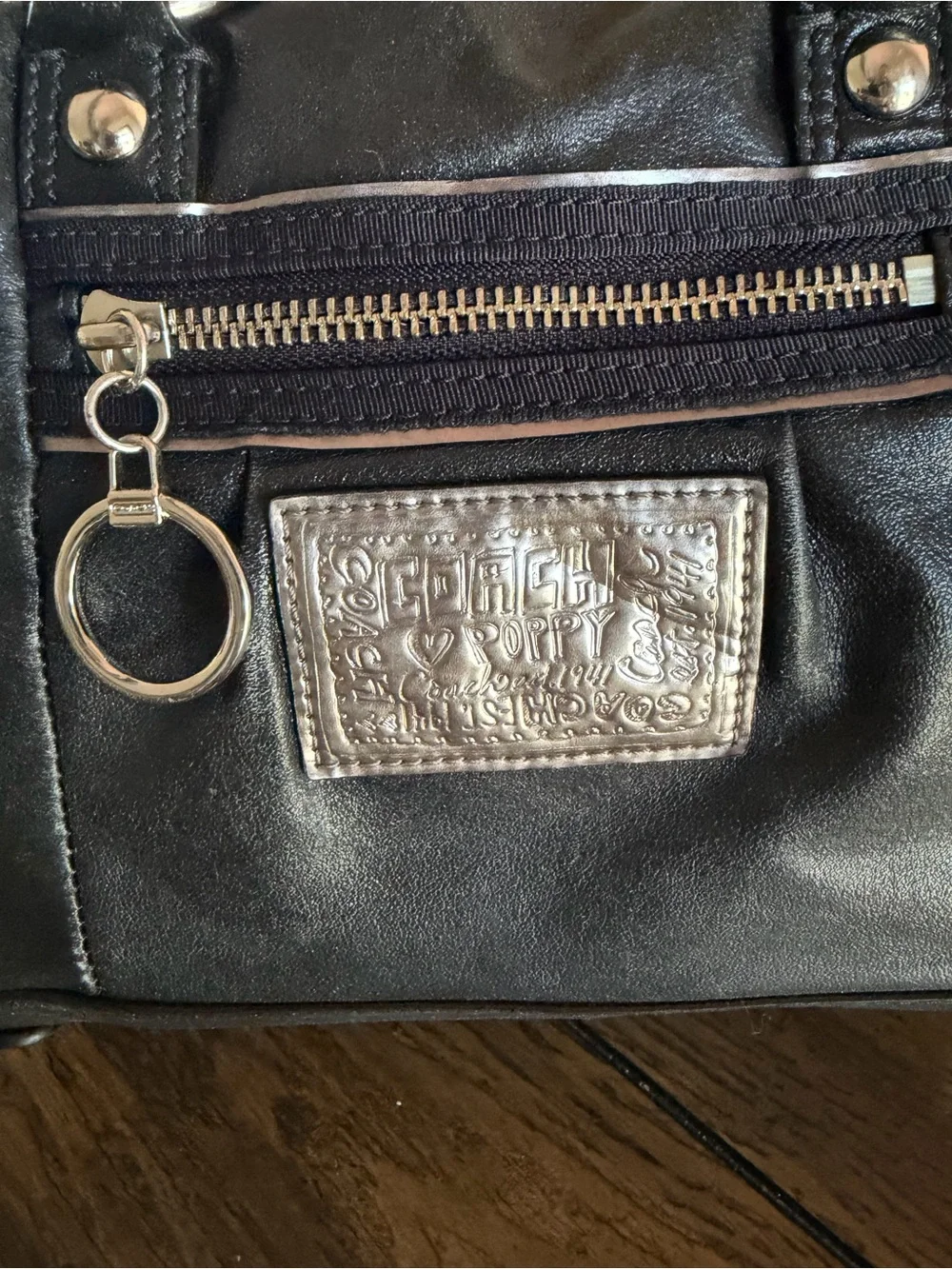 Coach Poppy Y2K Black Distressed Boston Satchel Double One-Shoulder Bag Silver